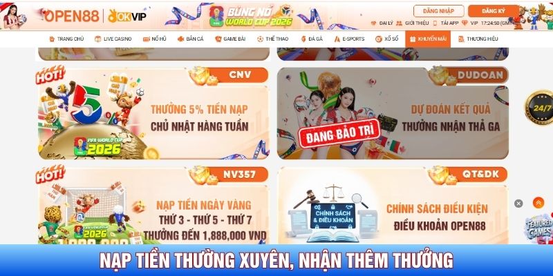 Nạp tiền thường xuy&ecirc;n, nhận th&ecirc;m thưởng tỷ lệ xứng đ&aacute;ng